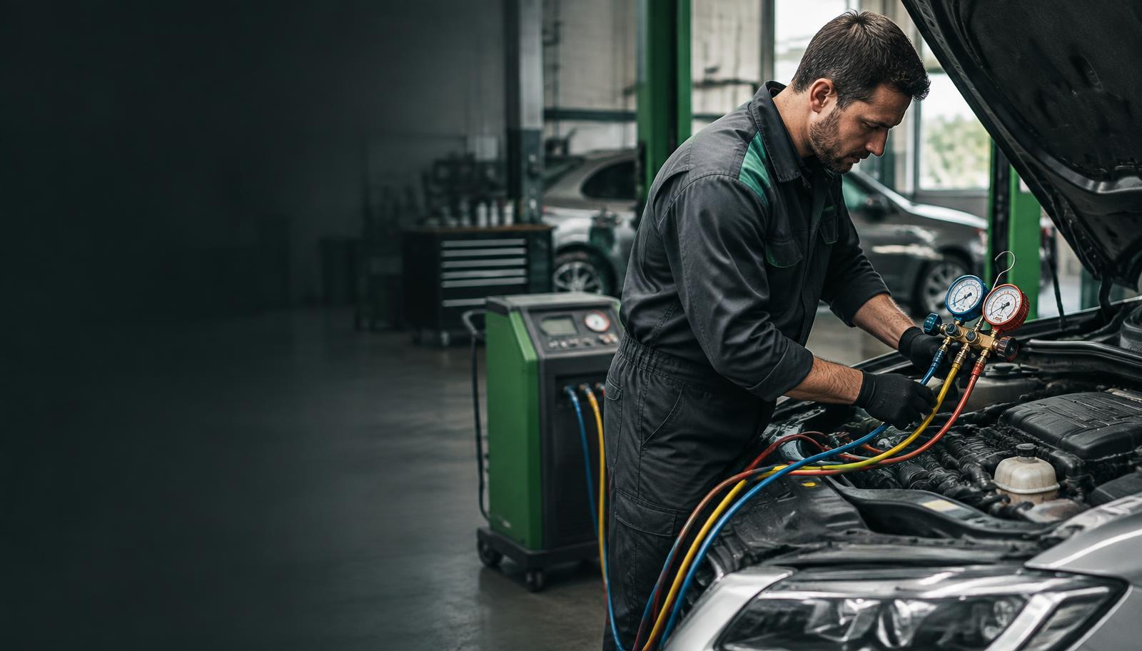 Mechanic servicing a car air-conditioning system