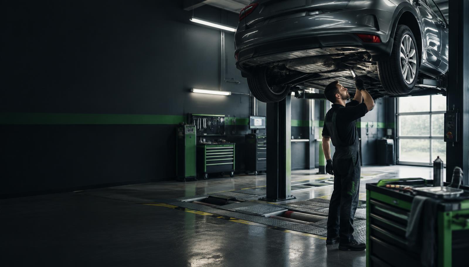 Mechanic inspecting a car in an MOT bay